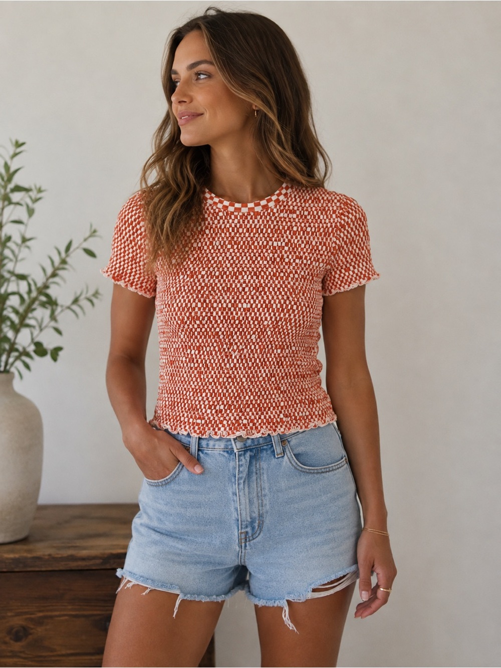 American Eagle Women’s L Orange White Checkered Smocked Crop Top NWT
